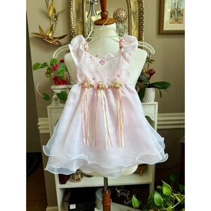 Vintage Rare Editions Sz 24M Pink Embroidered Ribbons & Roses Scalloped Dress